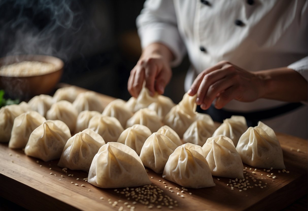 A Chinese chef carefully folds delicate dumplings, honoring centuries-old recipe. Ingredients like ginger, soy, and sesame fill the air