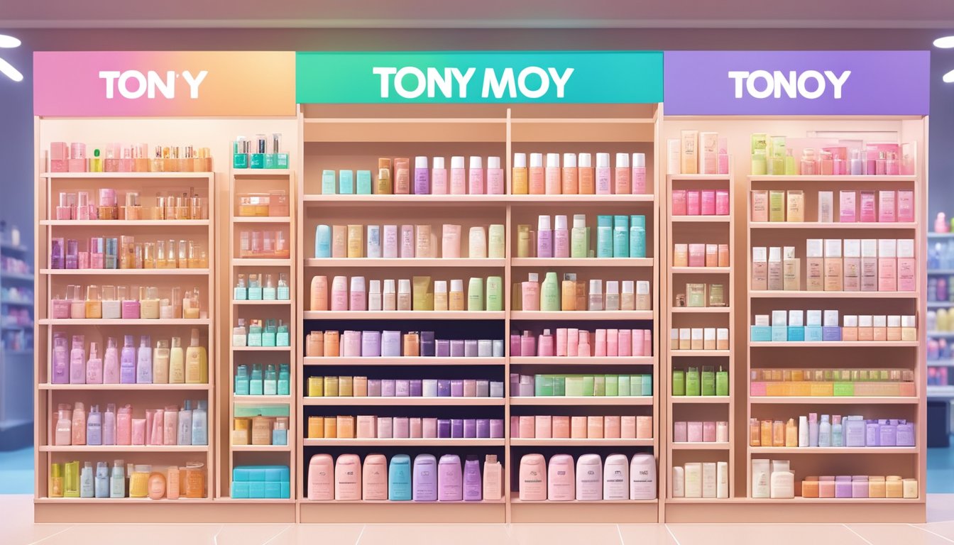 A colorful display of Tony Moly products on shelves in a Singaporean beauty store. Brightly lit with clear signage and organized arrangement
