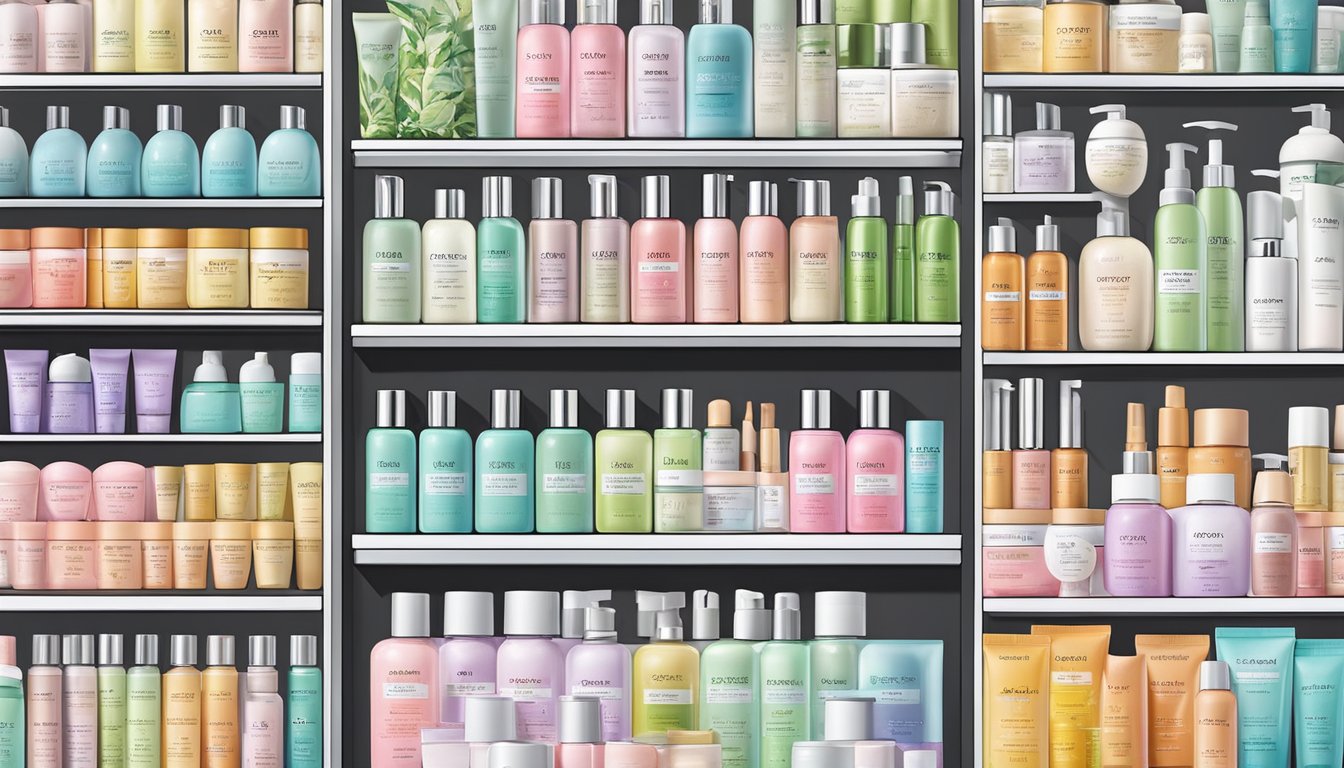 A display of Tony Moly skincare products arranged neatly on a shelf in a Singaporean beauty store