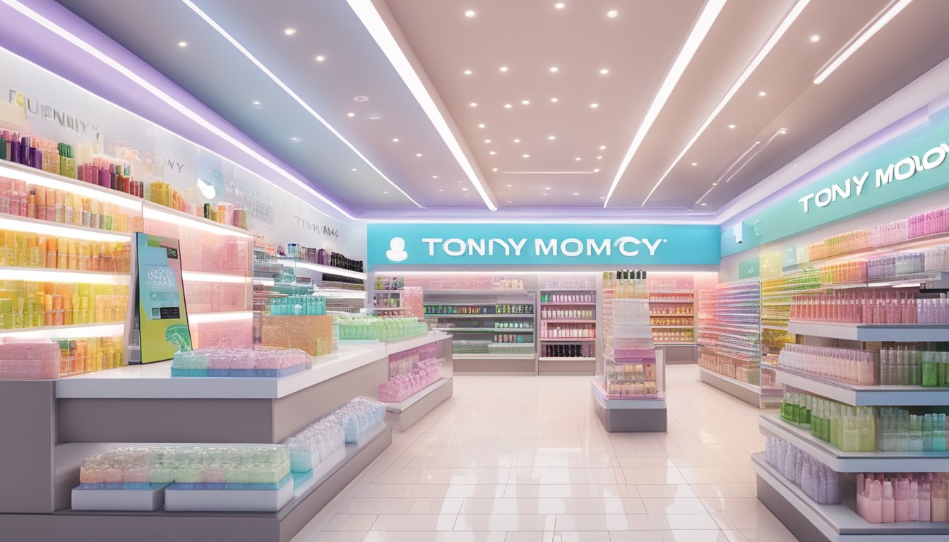 A brightly lit store display showcasing various Tony Moly products with a "Frequently Asked Questions" sign in the background