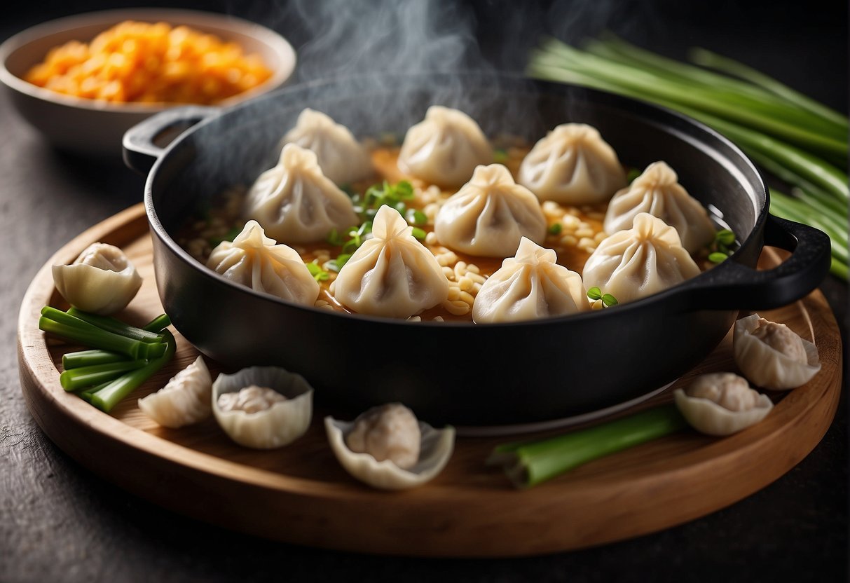 A table with a bamboo steamer filled with steaming Chinese chicken dumplings, surrounded by ingredients like ground chicken, ginger, garlic, and green onions