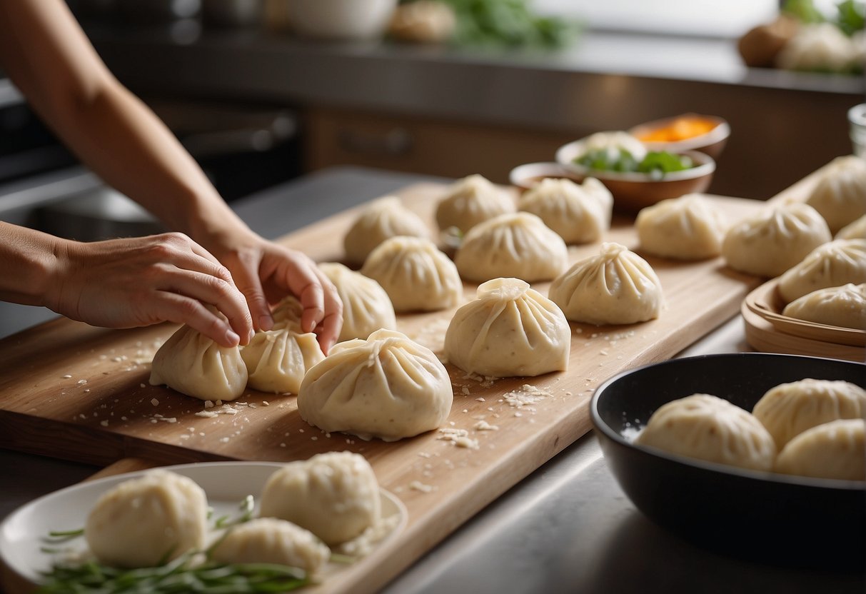 A pair of hands rolling out dough, filling it with seasoned chicken, and folding it into dumplings. Ingredients and utensils are neatly arranged on a clean, well-lit kitchen counter