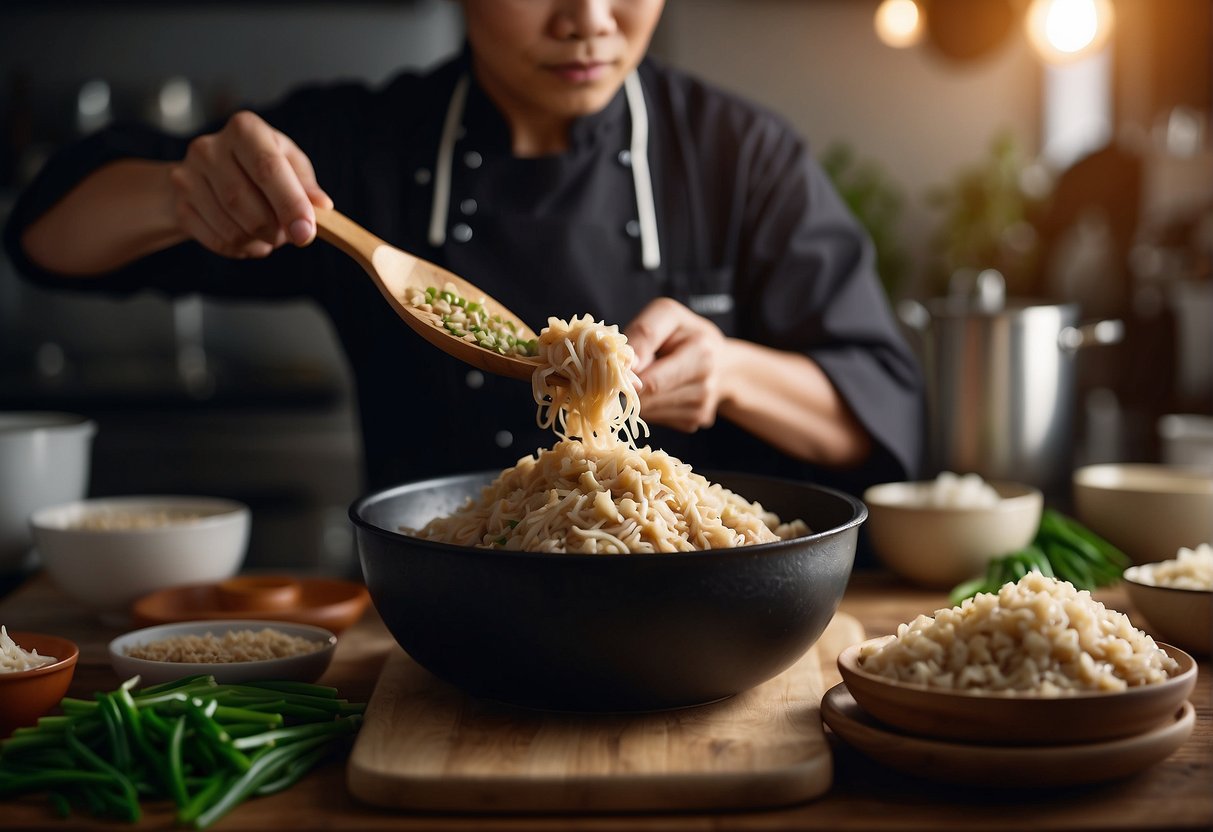 A chef mixes ground chicken, soy sauce, ginger, and green onions in a bowl for Chinese chicken dumpling filling