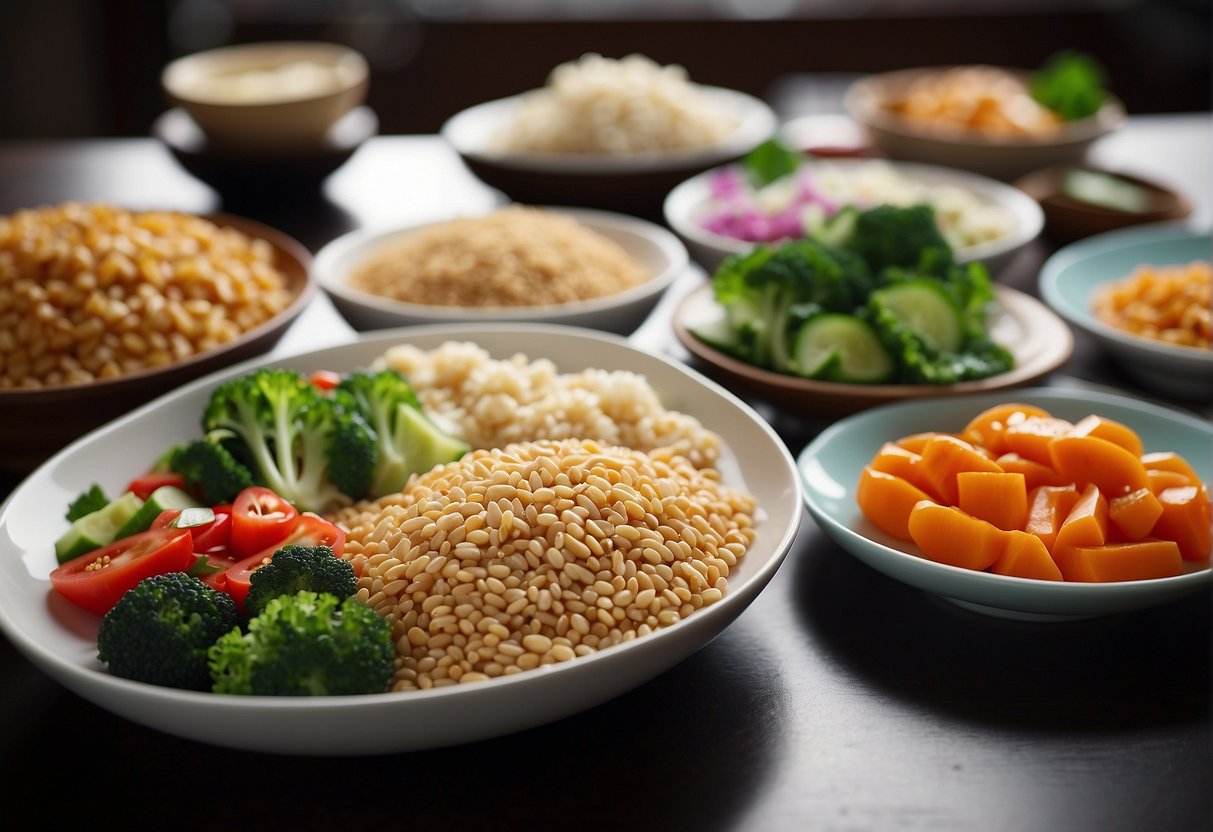 A table set with colorful, nutritious Chinese dishes. Fresh vegetables, lean proteins, and whole grains are prominently featured