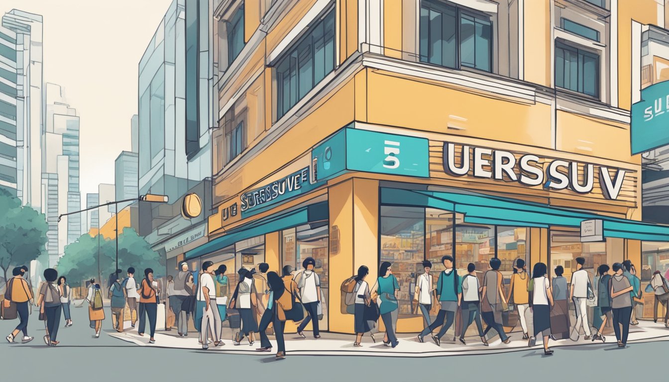 A crowded urban street with a modern storefront displaying the brand name "Ubersuave" in bold lettering. Pedestrians walk by, and a sign indicates "Singapore" below the store name