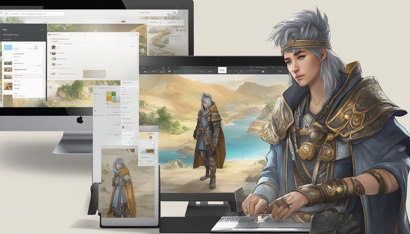 A character selects "Black Desert Online" from a digital storefront, clicks "purchase," and enters payment information