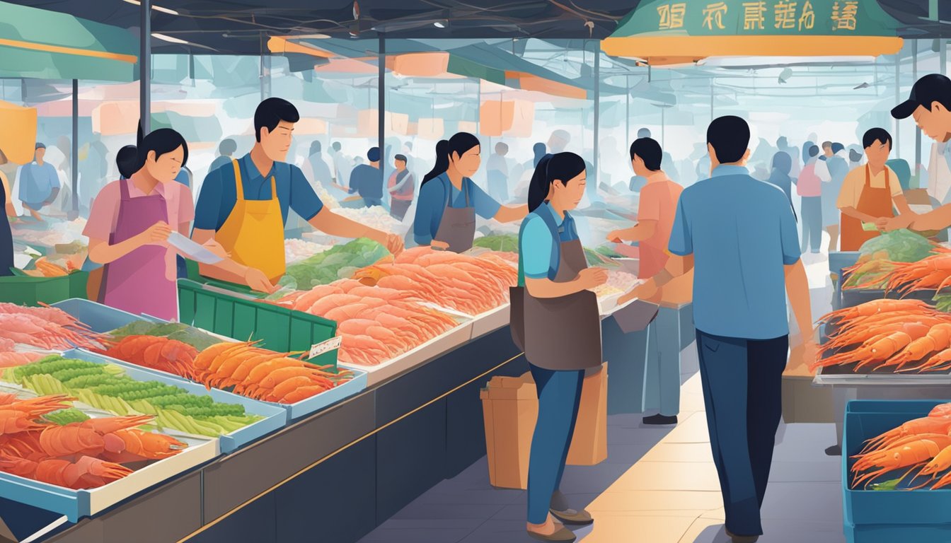 A bustling seafood market in Singapore, with vendors displaying large, fresh prawns on ice. Customers eagerly selecting their choice from the colorful array