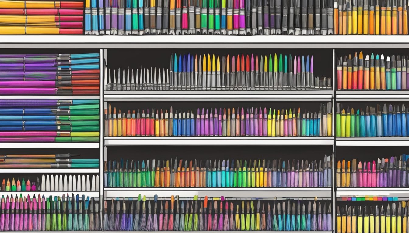 A bustling art supply store in Singapore displays a wide array of brush pens on neatly organized shelves, with vibrant colors and various tip sizes