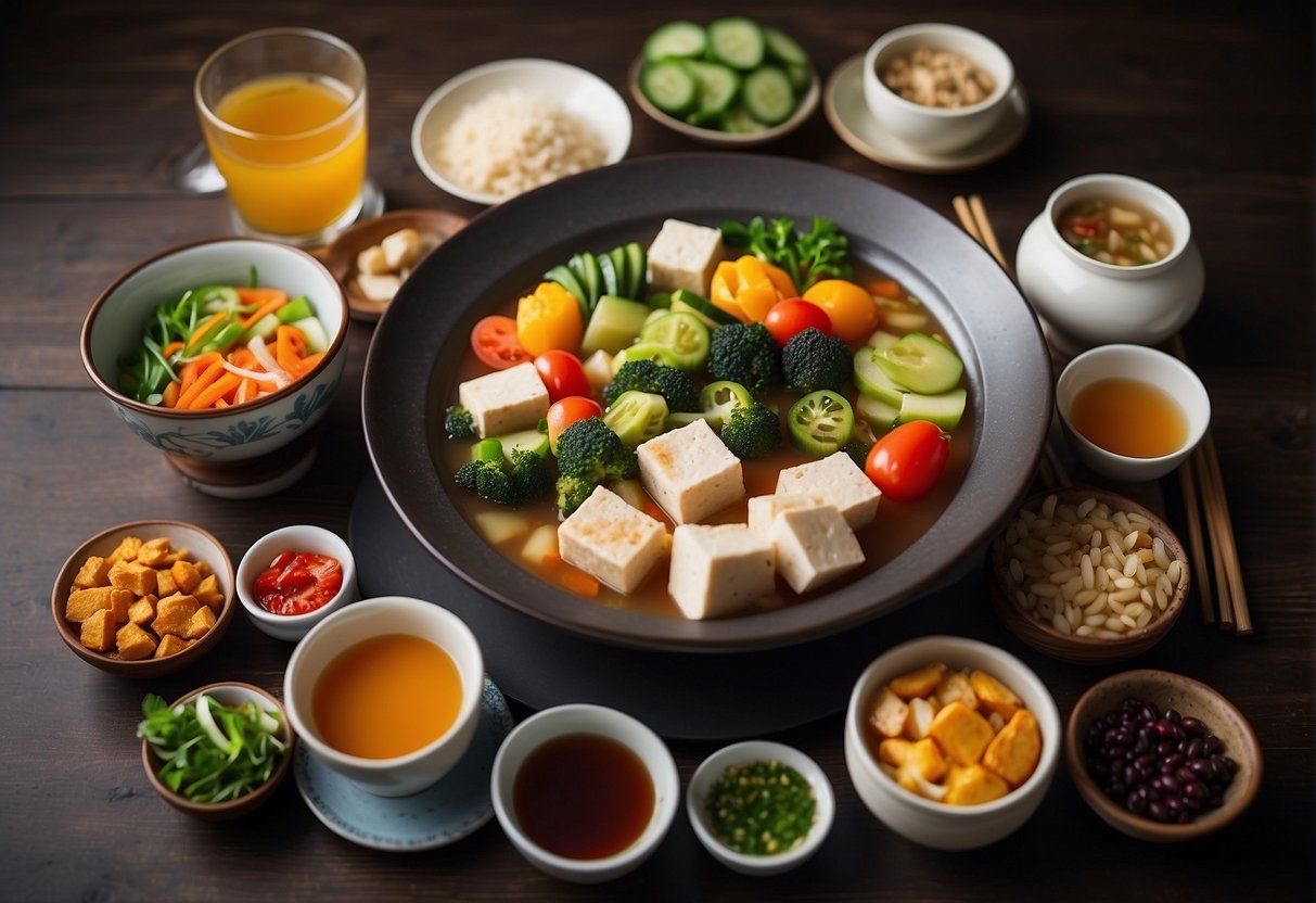 A table set with a variety of colorful and nutritious Chinese dishes, including stir-fried vegetables, steamed fish, and tofu soup. Fruits and herbal teas are also displayed, creating a balanced and healthy spread for a pregnant woman