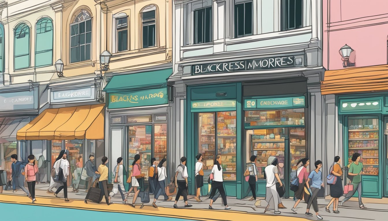 A bustling street in Singapore, with colorful storefronts and a prominent sign reading "Blackmores." Pedestrians walk by, some pausing to peer into the shop window