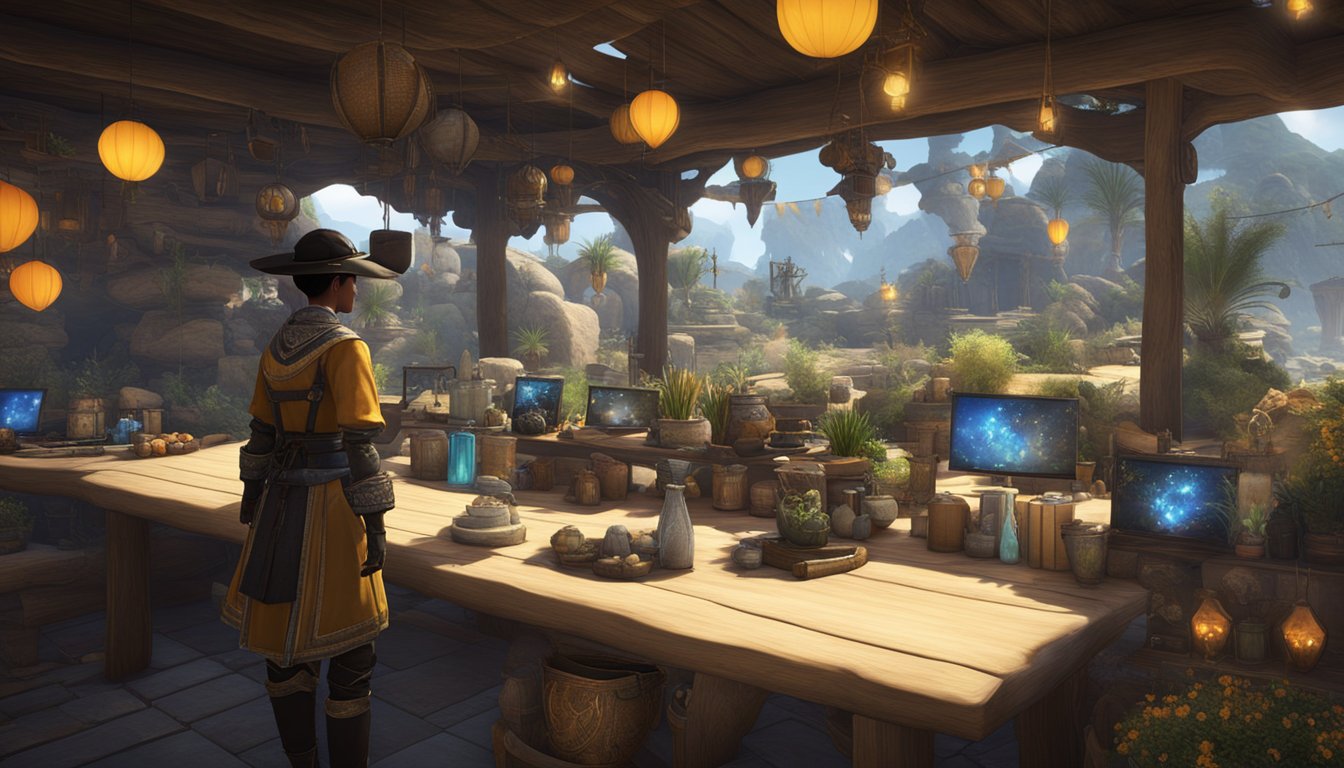 A character navigates through a vibrant virtual world, selecting items and making purchases in the online game "Black Desert." The interface displays options for buying and customizing equipment