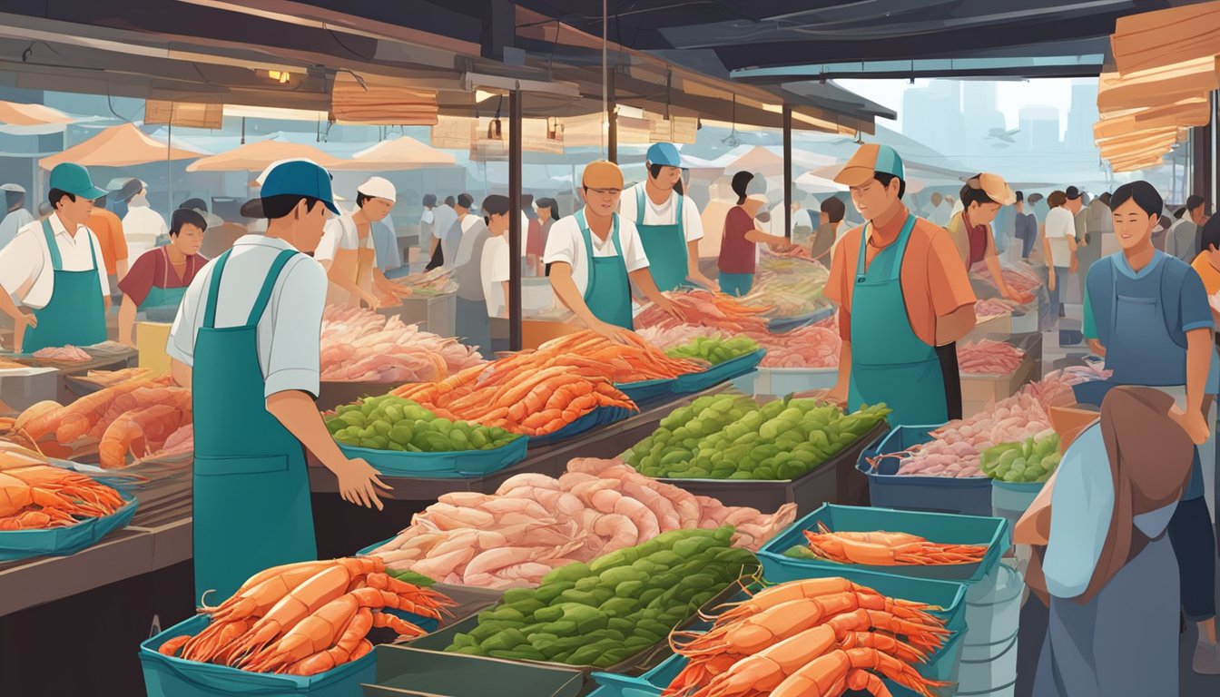 A bustling seafood market with colorful displays of large prawns, vendors eagerly touting their fresh catch to eager customers in Singapore