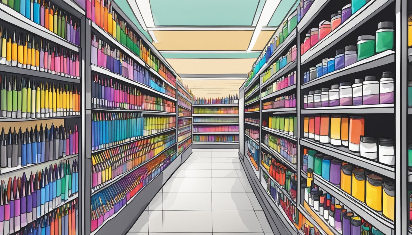 A bustling art supply store in Singapore displays a variety of vibrant brush pens on neatly organized shelves, with customers browsing and admiring the selection