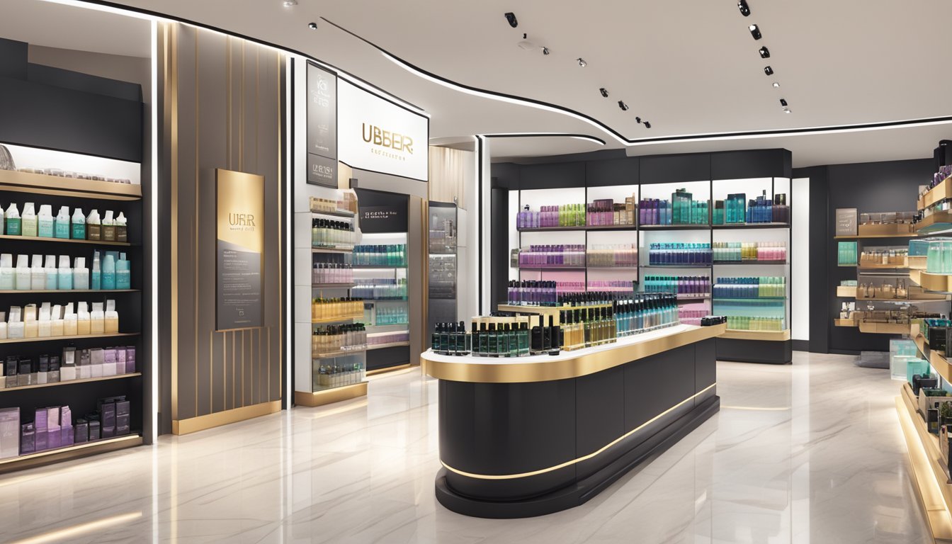 A sleek, modern store display showcasing Ubersuave hair products in a well-lit, upscale retail setting in Singapore