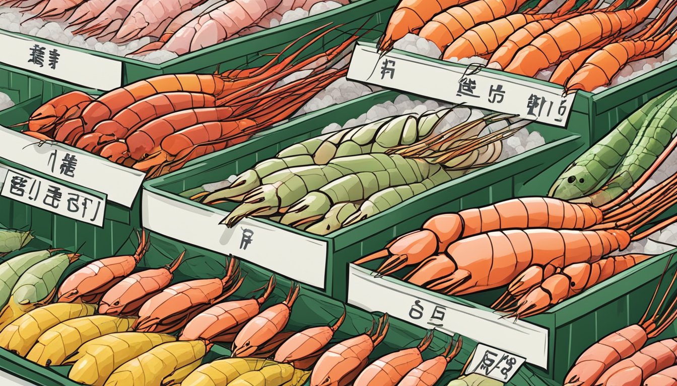 A colorful array of prawn varieties displayed at a local market in Singapore, with signs indicating where to buy big prawns