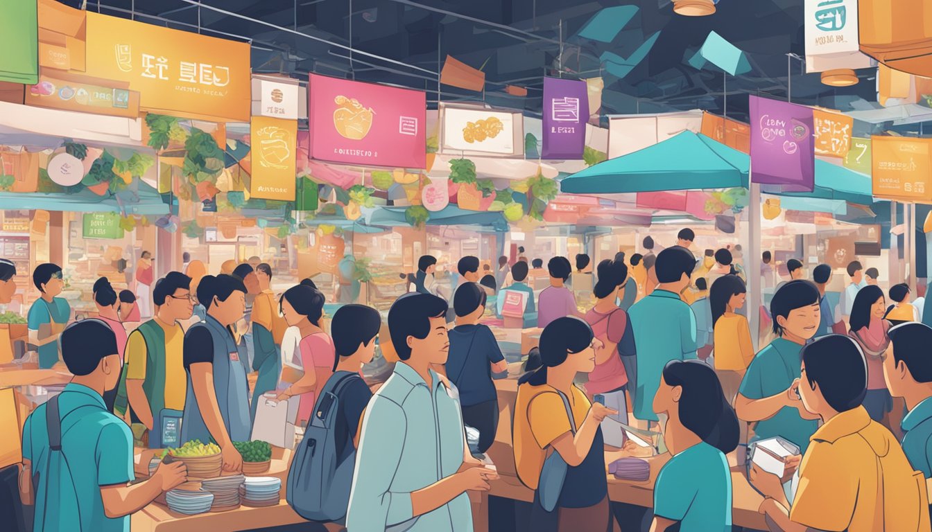 A bustling Singaporean marketplace with colorful signage displaying "Ubersuave" and eager customers inquiring about the product
