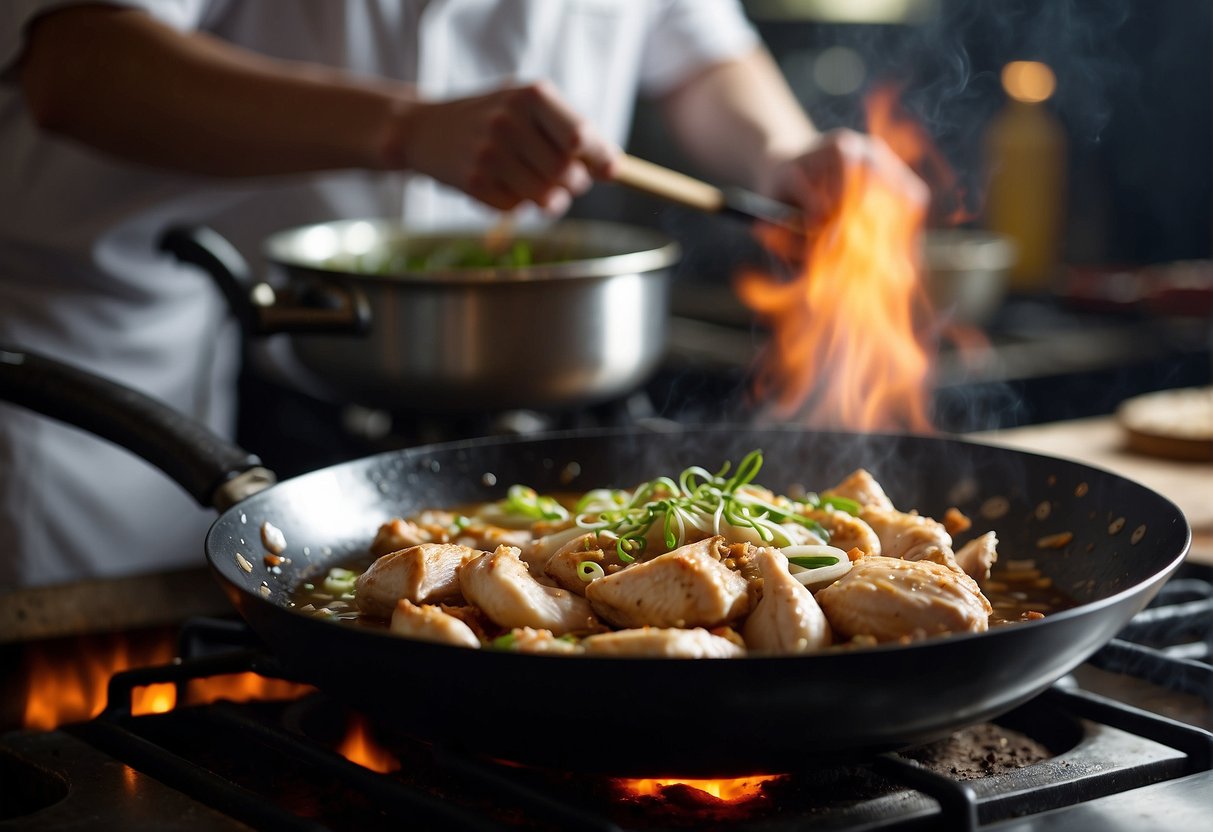 A wok sizzles with fragrant garlic and ginger as a chef adds soy sauce and sugar to create a rich, glossy chicken gravy