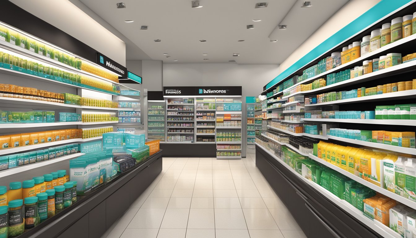 A bright, modern pharmacy display showcases Blackmores products in Singapore. Bold signage and clean packaging stand out on the shelves