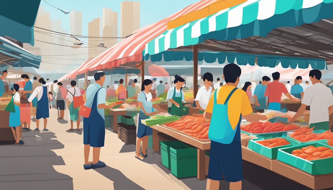 A bustling seafood market in Singapore, with colorful stalls displaying large prawns and vendors engaging with customers
