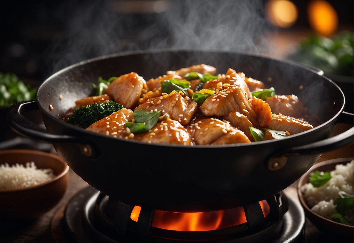A wok sizzles with aromatic garlic, ginger, and soy sauce, as a rich, glossy Chinese chicken gravy simmers to perfection