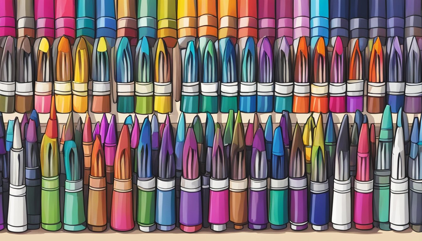 Vibrant brush pens arranged on a table, with a variety of colors and sizes. A sign displaying "Creative Uses for Brush Pens" in a store in Singapore