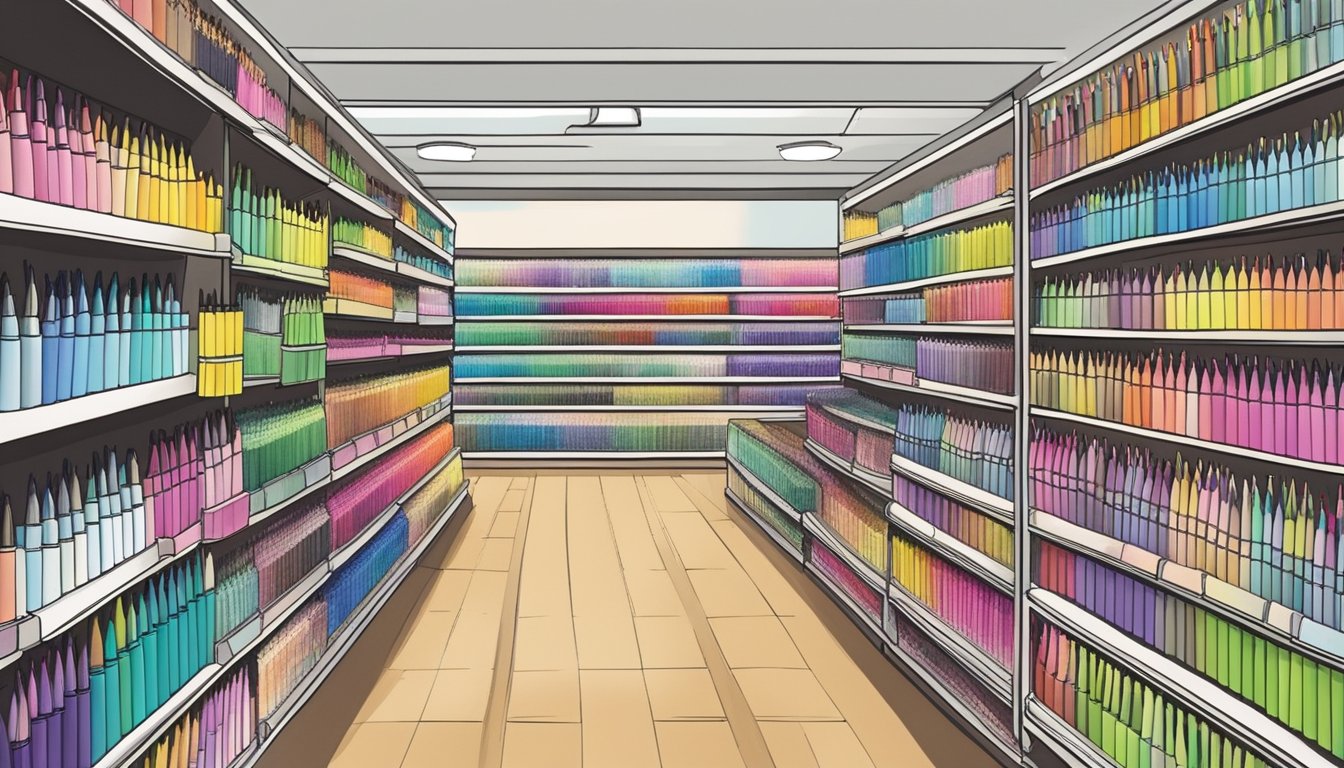 A colorful display of brush pens on shelves in a Singapore stationery store. Shoppers browse the selection, while a sign indicates "Frequently Asked Questions."