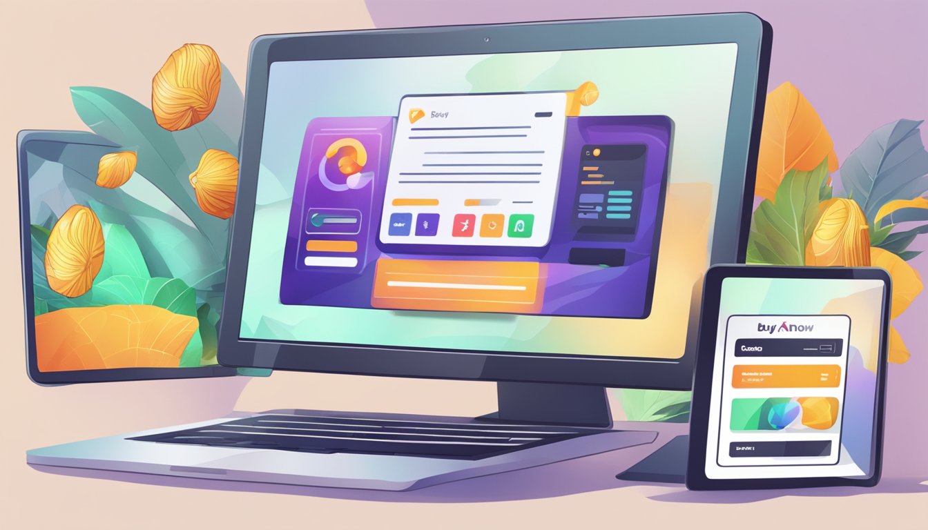 A computer screen showing a website with "Garena Shells" logo, a "Buy Now" button, and payment options
