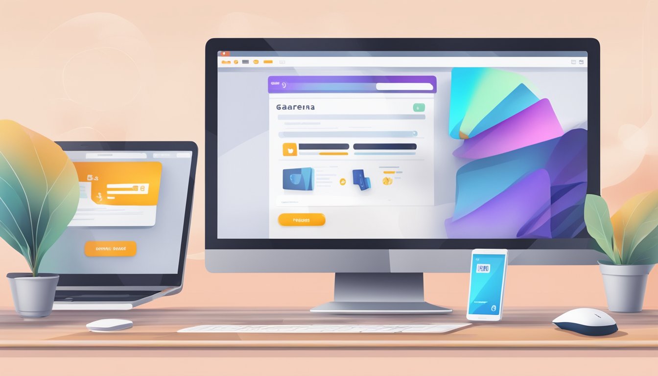 A computer screen showing a website with options to purchase Garena shells online, a credit card and a mouse on a desk