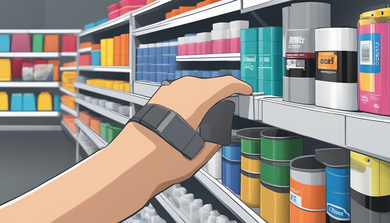 A hand reaching for a roll of Velcro in a hardware store in Singapore. Shelves filled with various Velcro products in the background