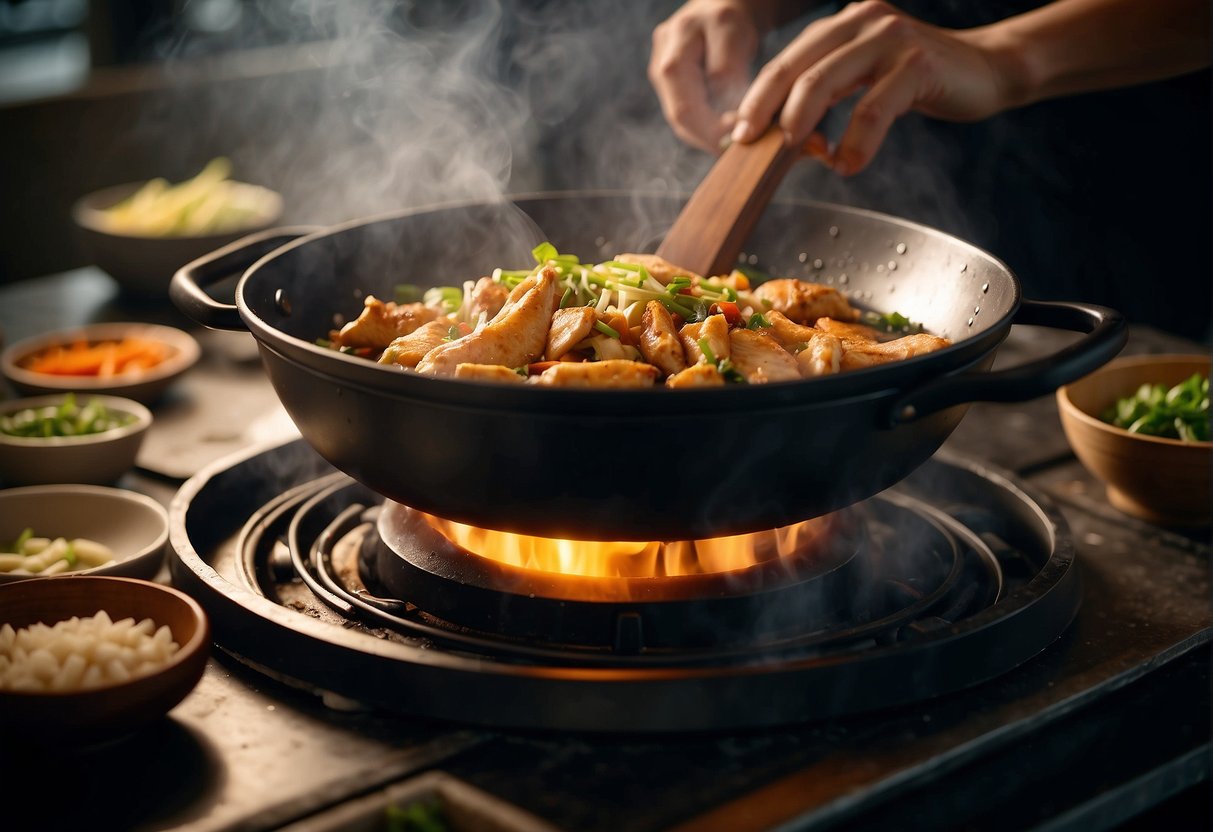 A wok sizzles with marinated chicken, ginger, garlic, and soy sauce. Steam rises as the chef stirs in cornstarch slurry for a glossy, aromatic gravy