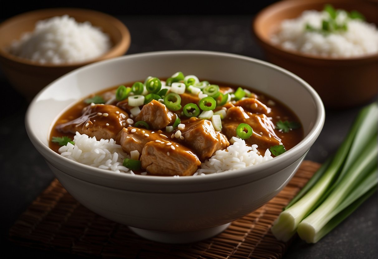 A steaming bowl of Chinese chicken gravy with a side of fluffy white rice, garnished with fresh green onions and sesame seeds