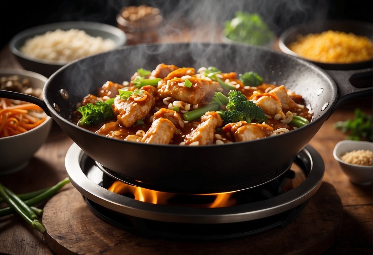 A wok sizzles with Chinese chicken gravy, surrounded by ingredients like soy sauce, ginger, and garlic. Steam rises as the rich, savory aroma fills the air