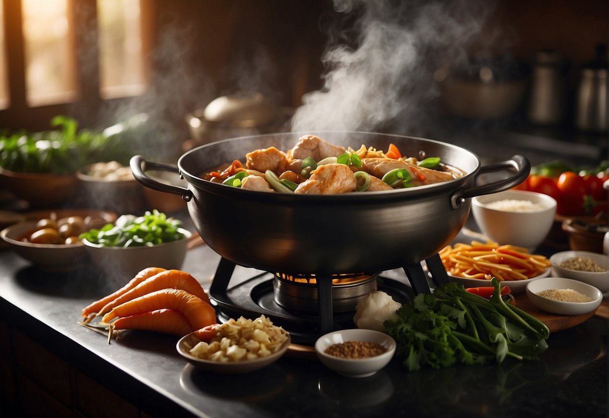 A steaming wok filled with savory Chinese chicken gravy, surrounded by various ingredients and cooking utensils on a bustling kitchen counter