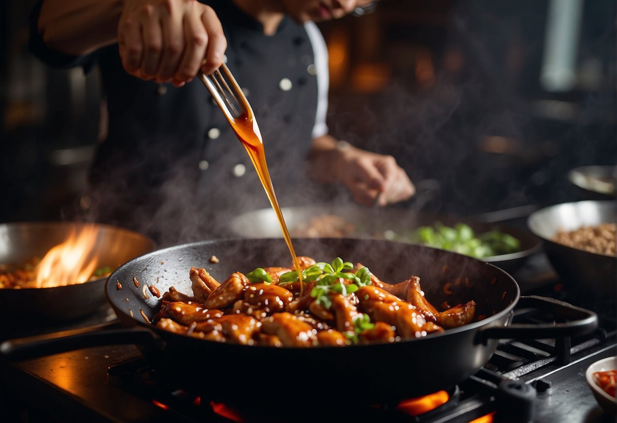 A chef pours hoisin sauce over sizzling Chinese chicken in a wok