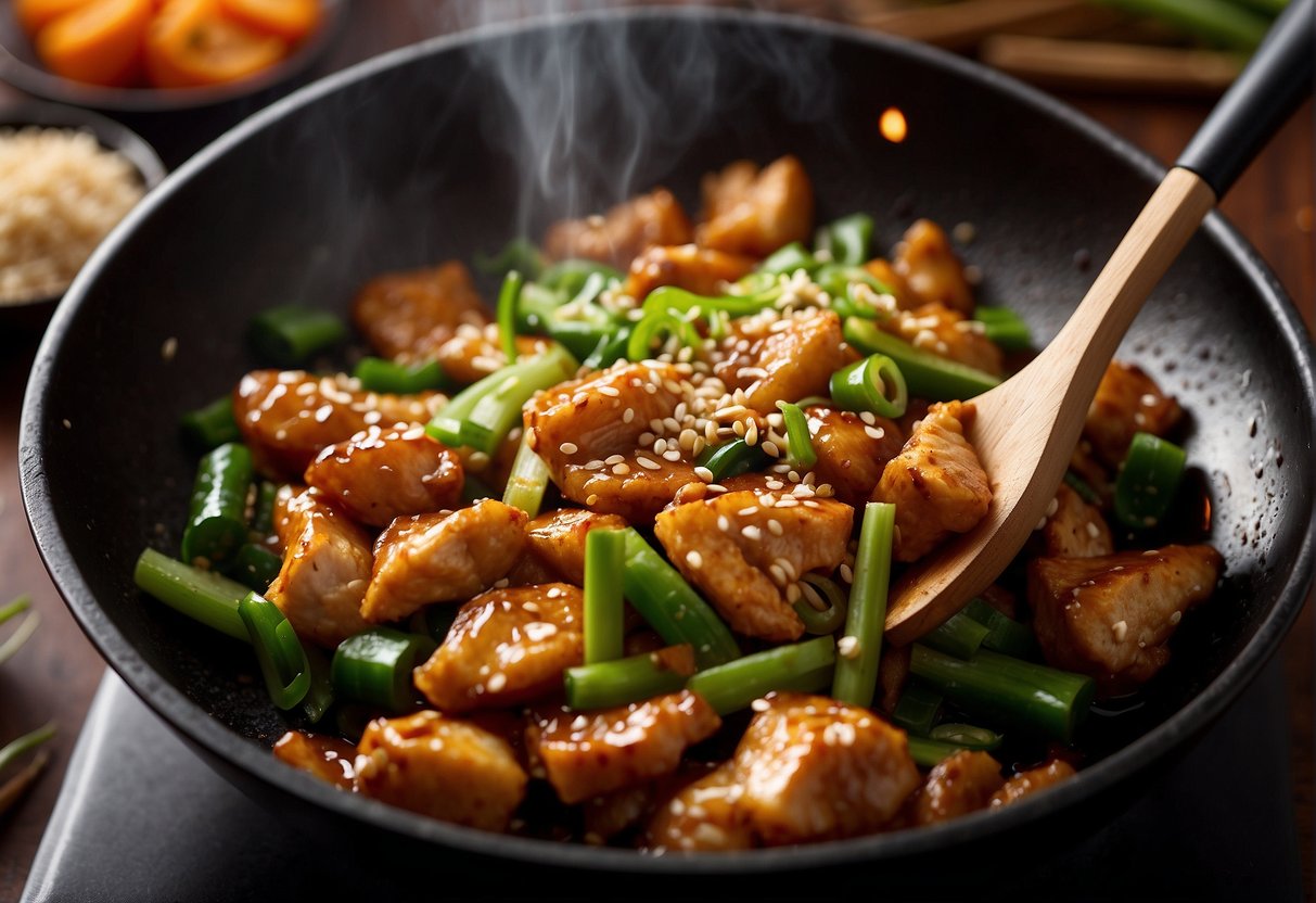A wok sizzles as chicken is stir-fried in hoisin sauce, garlic, and ginger. Spring onions and sesame seeds are sprinkled over the dish