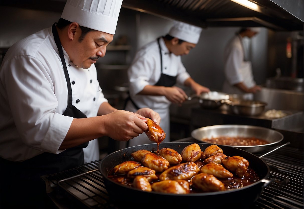 A chef mixes hoisin sauce with marinated chicken, then grills it to perfection. The chicken is glossy and caramelized, emitting a mouth-watering aroma