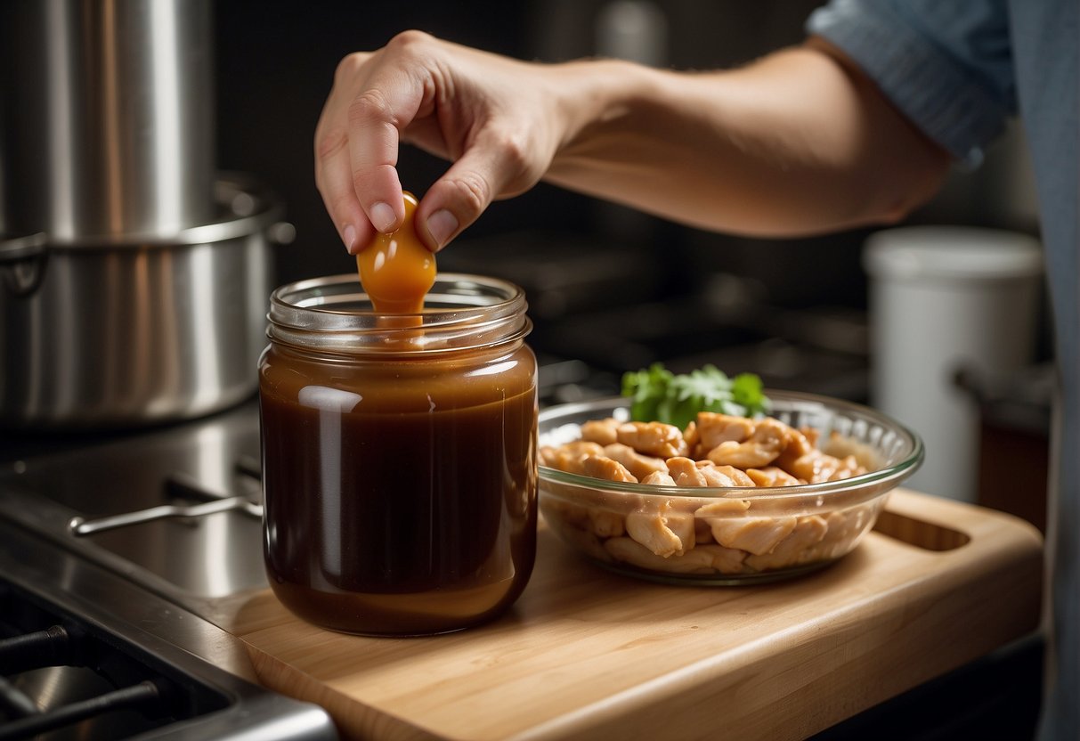 A hand pours Chinese chicken hoisin sauce into a labeled container. Another hand places the container in the fridge. Later, the same hand reheats the sauce in a small pot on the stove