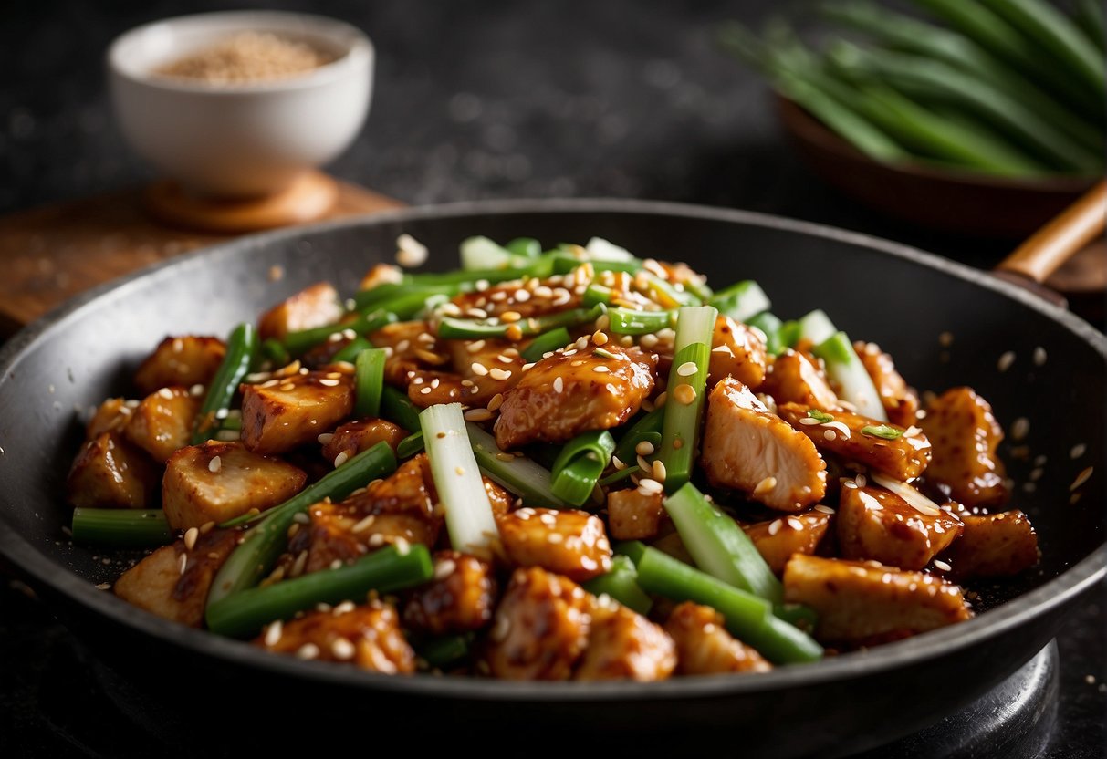 A wok sizzling with chicken, garlic, ginger, and hoisin sauce. A stack of green onions and sesame seeds nearby