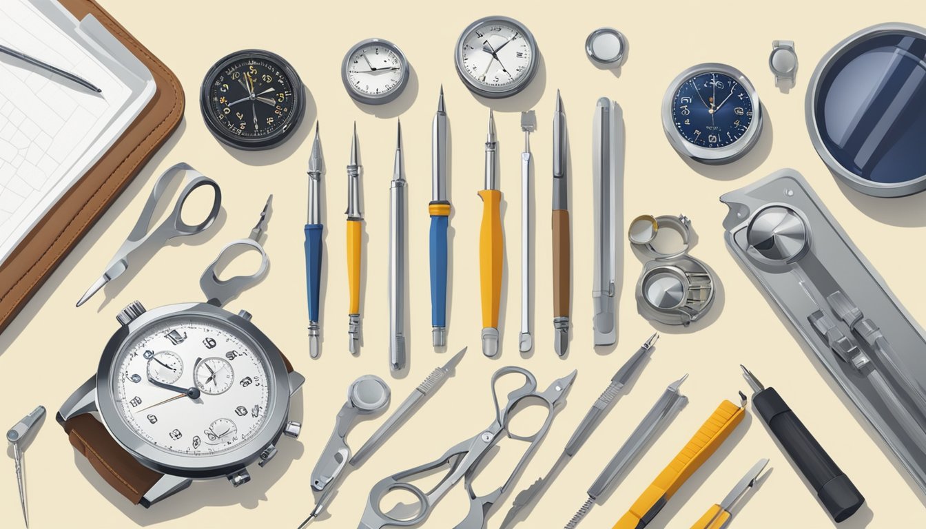 A table with various watch tools neatly arranged, including screwdrivers, tweezers, and magnifying glasses. The tools are displayed on a clean, well-lit surface, with a small container of oil nearby