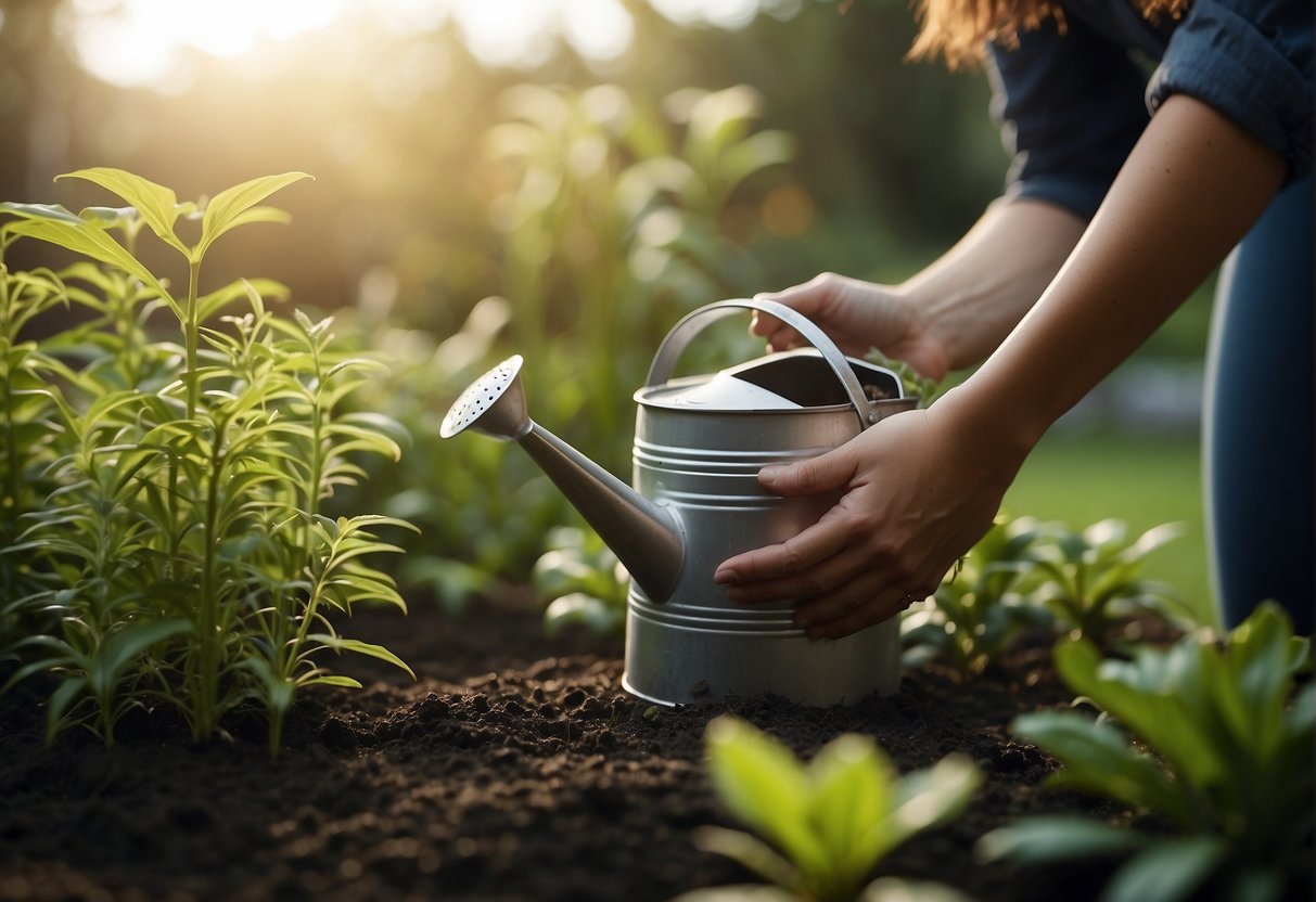 A hand holding a watering can gently pours water onto the soil around a queen of the night plant, positioned in a well-lit area with indirect sunlight