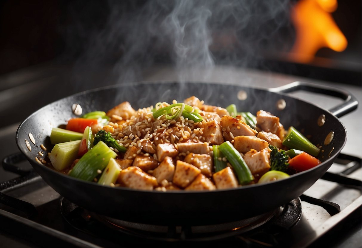 A wok sizzles with diced chicken and leeks, stir-frying in a savory sauce. A sprinkle of sesame seeds adds the finishing touch
