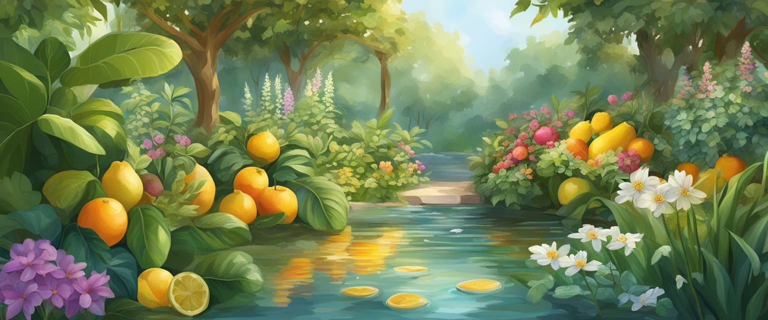 A lush garden with abundant fruits, blooming flowers, and thriving plants, surrounded by clear, flowing water and bathed in warm sunlight