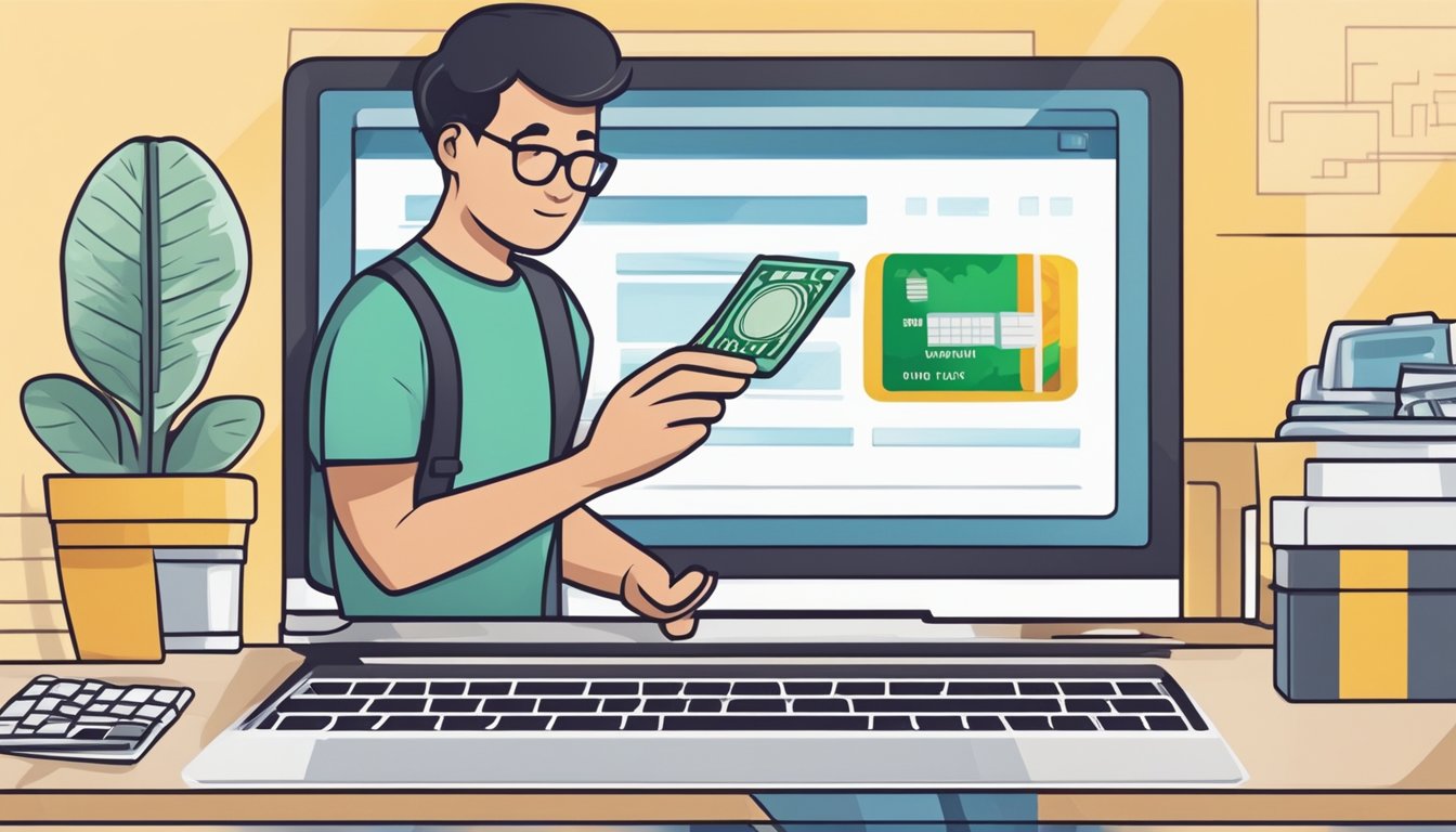 A person in Singapore purchases V-Bucks online using a credit card on a computer or mobile device