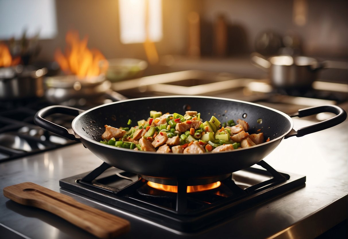 A wok sizzles with diced chicken, leeks, and aromatic spices, creating a savory aroma in the kitchen. Soy sauce and sesame oil stand nearby