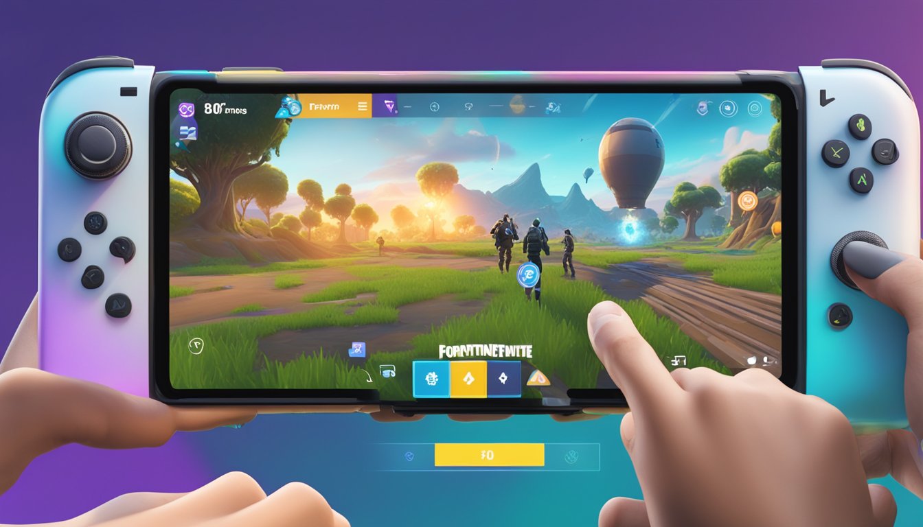 A Singaporean hand reaching for a virtual V-Bucks purchase button on a Fortnite gaming interface, with an emphasis on maximizing the gaming experience