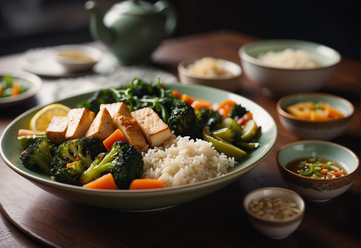 A table set with colorful stir-fried vegetables, steamed fish, and tofu dishes. A bowl of brown rice and green tea on the side