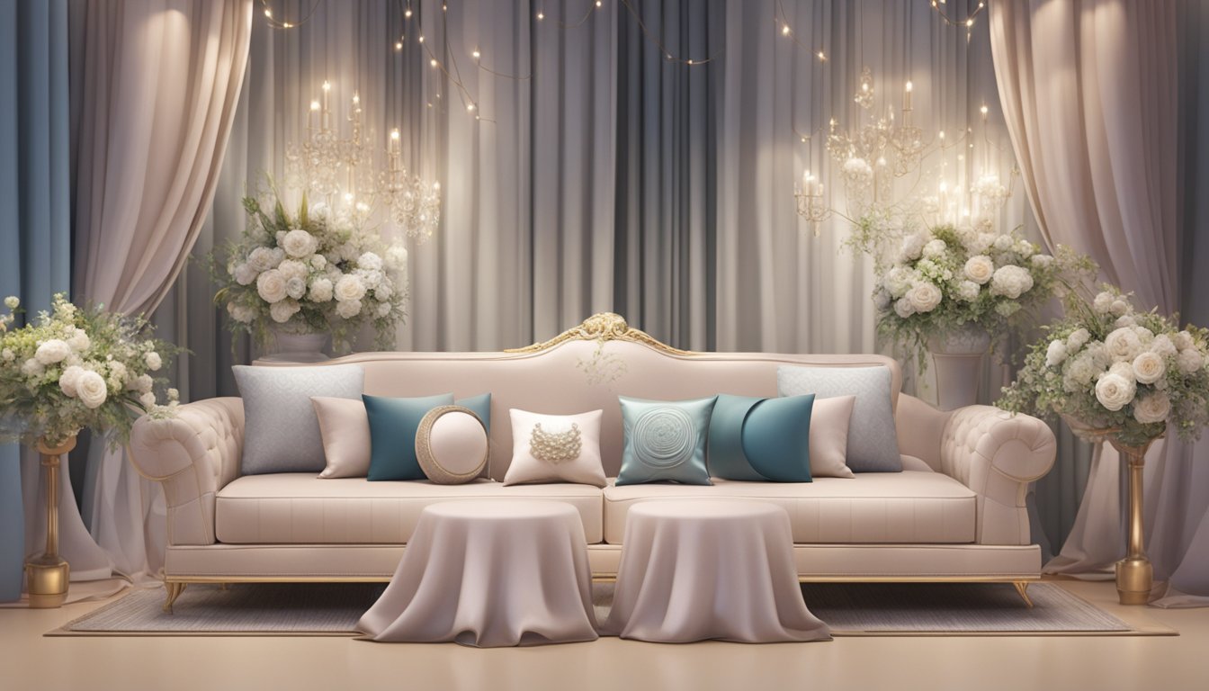 A display of elegant wedding ring pillows in a boutique setting, with soft lighting and delicate fabrics, showcasing the top shops in Singapore
