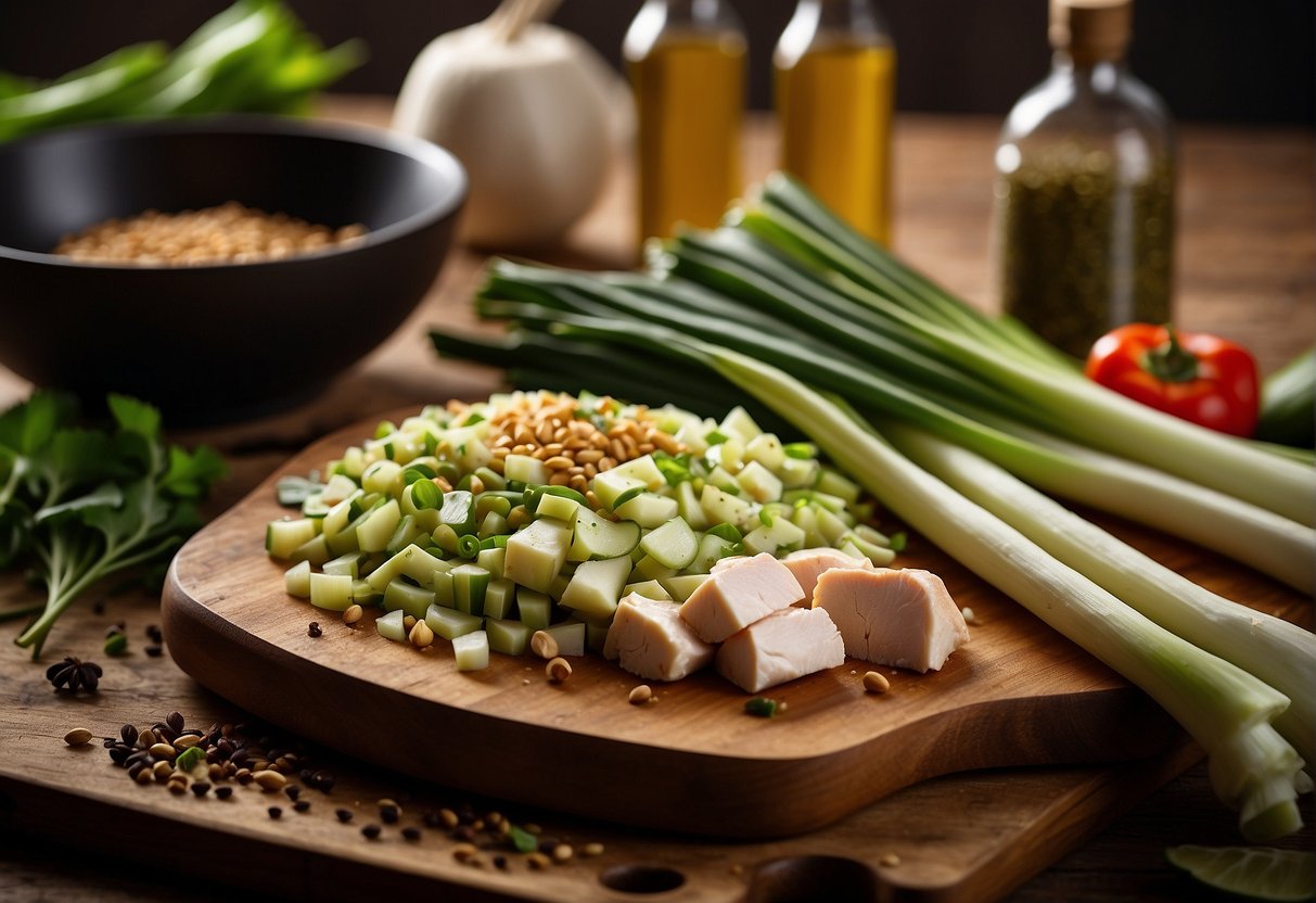 A cutting board with chopped leeks, marinated chicken, and various spices laid out next to a wok and cooking utensils
