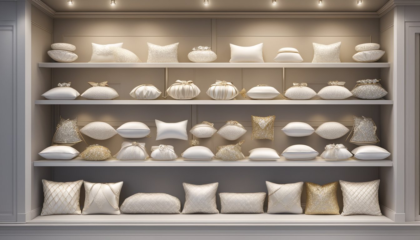 A display of wedding ring pillows in a Singapore store, with various designs and options available for purchase
