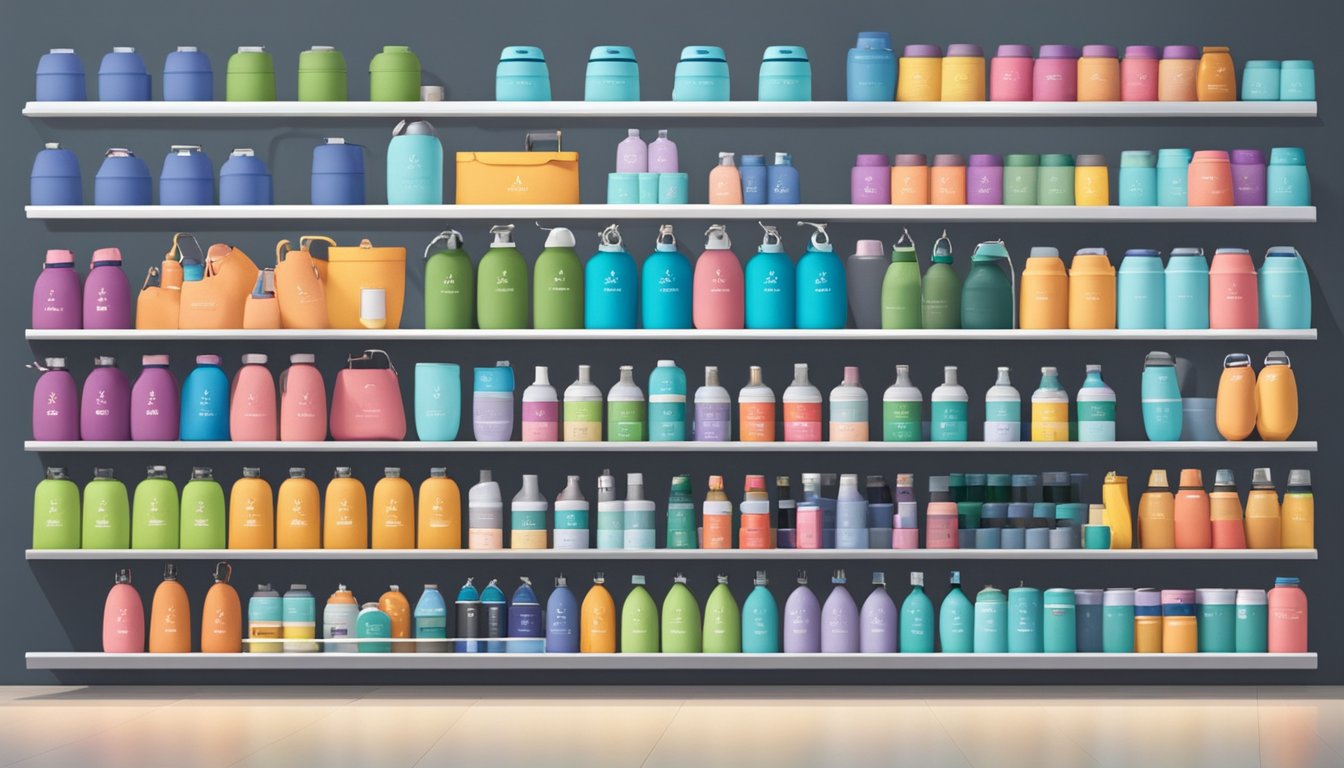 A shelf with various Hydro Flask products displayed in a modern store in Singapore. Bright lighting and clean, organized shelves create an inviting atmosphere